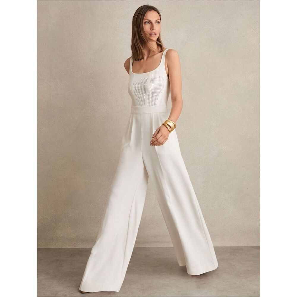 Reiss Carla Perforated-Knit Wide-Leg Jumpsuit in Ivory in size 12 - Picture 3 of 13
